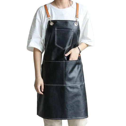 KTX-520659 Heavy-Duty Waxed Canvas Apron with Leather Accents for Kitchen and Work Use 60cm x 75cm Black/Yellow