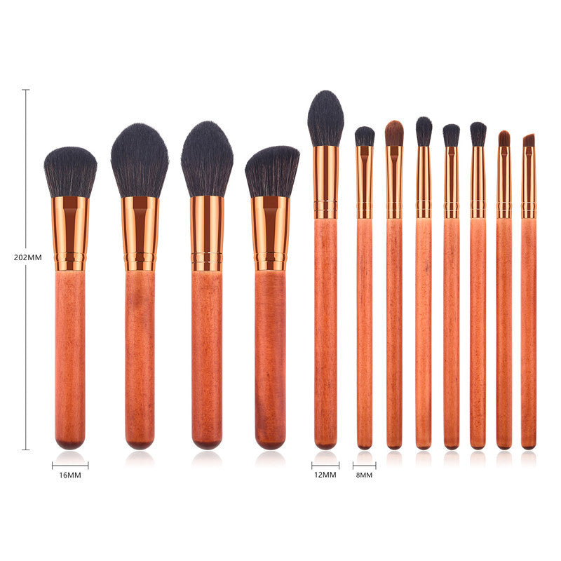 HKM-739027 12-Piece Red Makeup Brush Set with Wooden Handles and Nylon Bristles