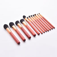 HKM-739027 12-Piece Red Makeup Brush Set with Wooden Handles and Nylon Bristles