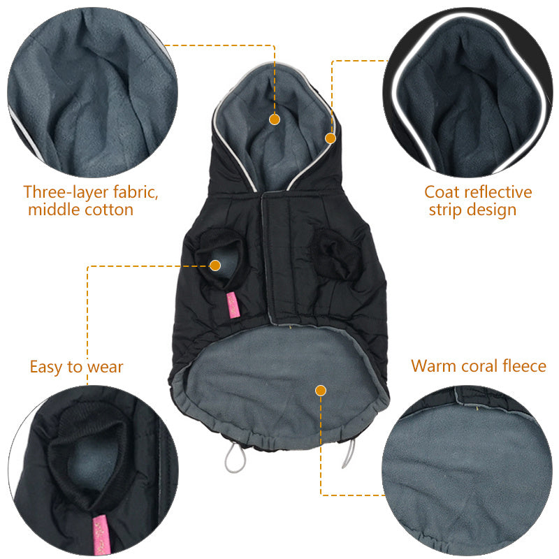 HKM-736723 Reflective Black Cotton Coat for Dogs - Warm Winter Apparel in Various Sizes