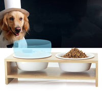 HKM-011155 Ceramic Dog Bowl Set with Bamboo Stand - Elevated Two-Bowl Feeding Station