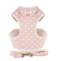 HKM-286547 Stylish Vest-Style Dog Leash with Bowknot - Navy Blue Stripes, Blue Grid, Pink Dots, Gray Dots