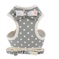 HKM-286547 Stylish Vest-Style Dog Leash with Bowknot - Navy Blue Stripes, Blue Grid, Pink Dots, Gray Dots
