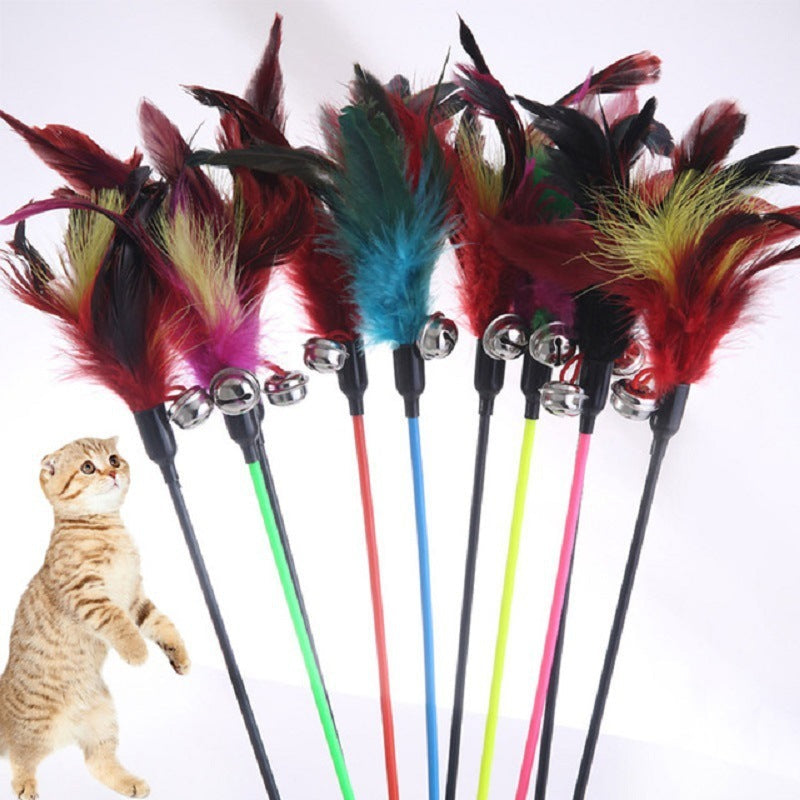 HKM-966227 Large Cat Play Stick with Feather Taper - 60 cm, Black and Colorful Fur