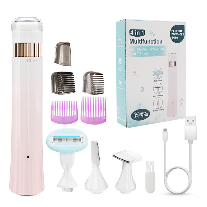 HKM-232531 Multifunctional 4-in-1 USB Rechargeable Shaving Knife for Body and Eyebrow Hair Removal - IPX7 Waterproof, Gradient Pink Design