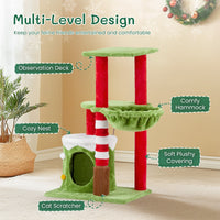 HKM-839571 Christmas-Themed Cat House with Hammock and Scratching Post - 4-in-1 Cat Tree with Condo and Massage Brush