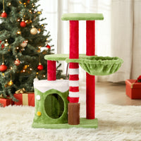 HKM-839571 Christmas-Themed Cat House with Hammock and Scratching Post - 4-in-1 Cat Tree with Condo and Massage Brush