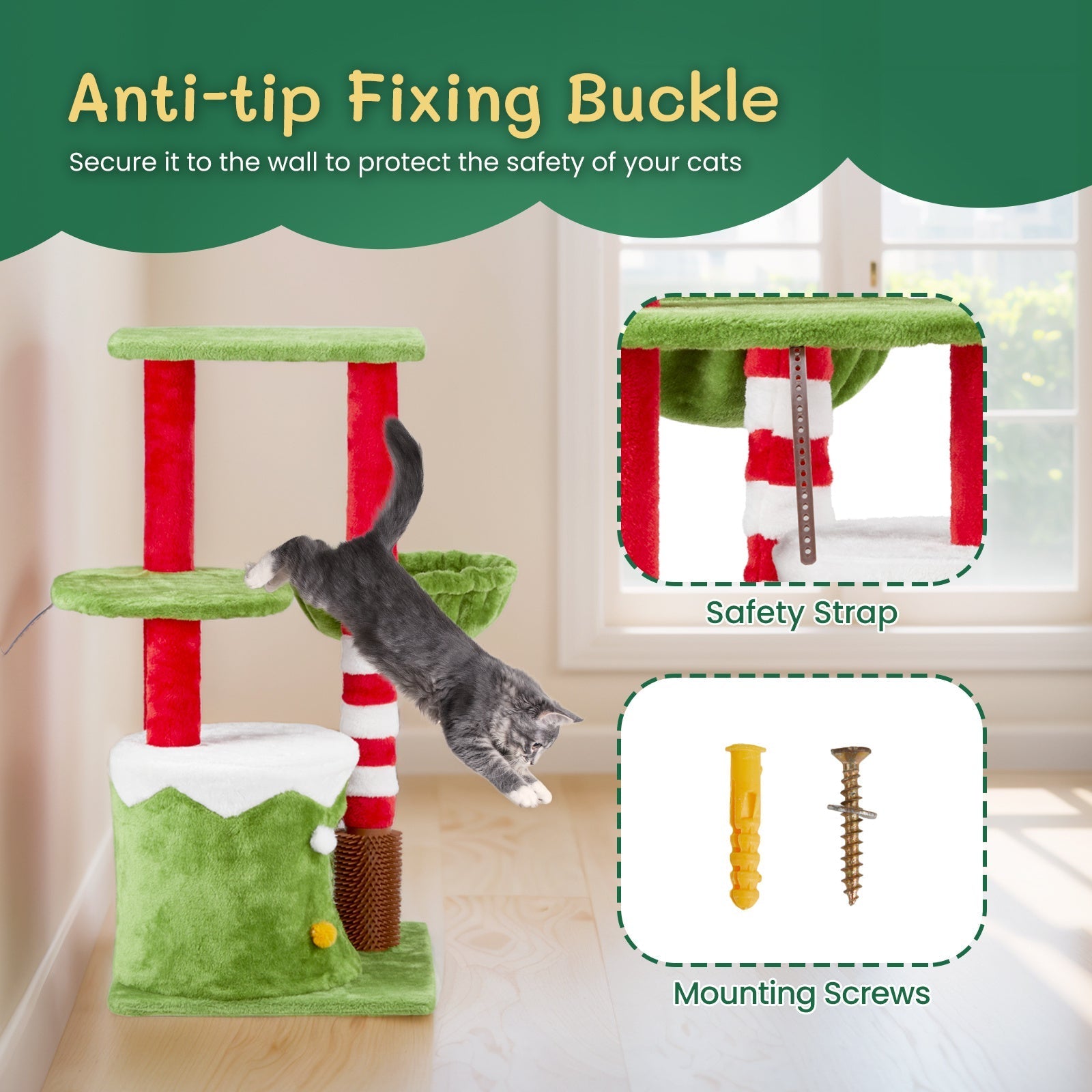 HKM-839571 Christmas-Themed Cat House with Hammock and Scratching Post - 4-in-1 Cat Tree with Condo and Massage Brush