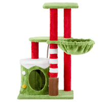 HKM-839571 Christmas-Themed Cat House with Hammock and Scratching Post - 4-in-1 Cat Tree with Condo and Massage Brush