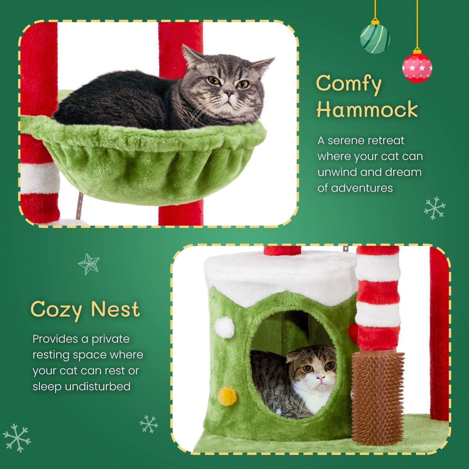 HKM-839571 Christmas-Themed Cat House with Hammock and Scratching Post - 4-in-1 Cat Tree with Condo and Massage Brush
