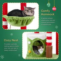 HKM-839571 Christmas-Themed Cat House with Hammock and Scratching Post - 4-in-1 Cat Tree with Condo and Massage Brush