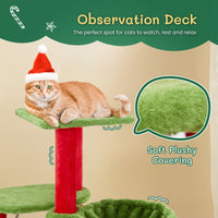 HKM-839571 Christmas-Themed Cat House with Hammock and Scratching Post - 4-in-1 Cat Tree with Condo and Massage Brush