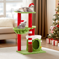 HKM-839571 Christmas-Themed Cat House with Hammock and Scratching Post - 4-in-1 Cat Tree with Condo and Massage Brush