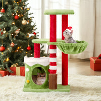 HKM-839571 Christmas-Themed Cat House with Hammock and Scratching Post - 4-in-1 Cat Tree with Condo and Massage Brush