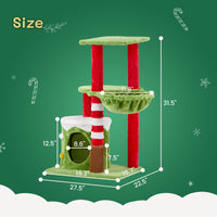 HKM-839571 Christmas-Themed Cat House with Hammock and Scratching Post - 4-in-1 Cat Tree with Condo and Massage Brush