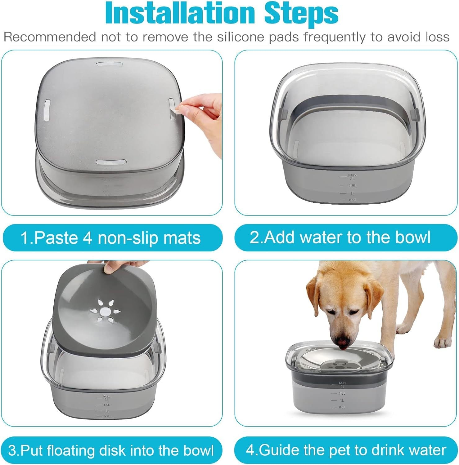 HKM-840915 2L No Spill Dog Water Bowl - Large Capacity Slow Feeder with Anti-Splash Design for Messy Drinkers and Cats