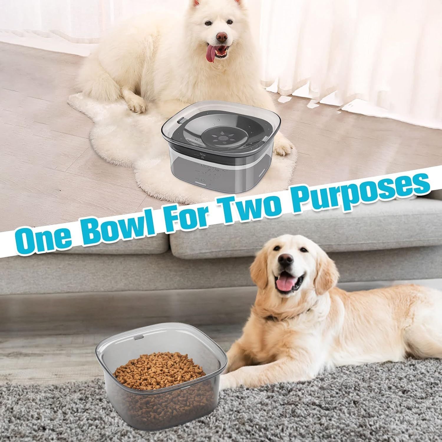 HKM-840915 2L No Spill Dog Water Bowl - Large Capacity Slow Feeder with Anti-Splash Design for Messy Drinkers and Cats