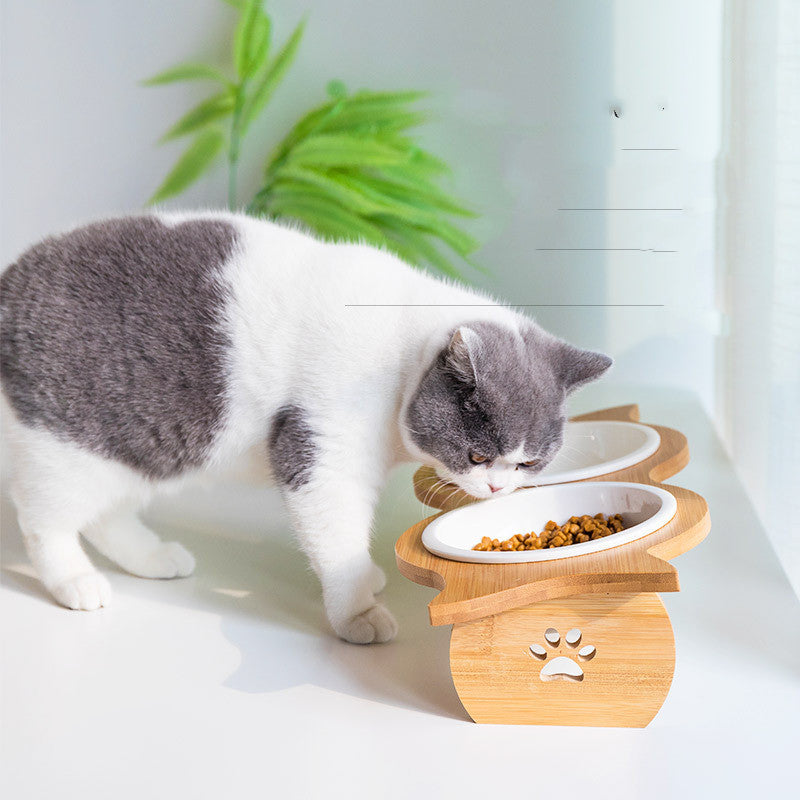 HKM-341139 Bamboo Cat Bowl with Porcelain and Stainless Steel Inserts - Eco-Friendly Design