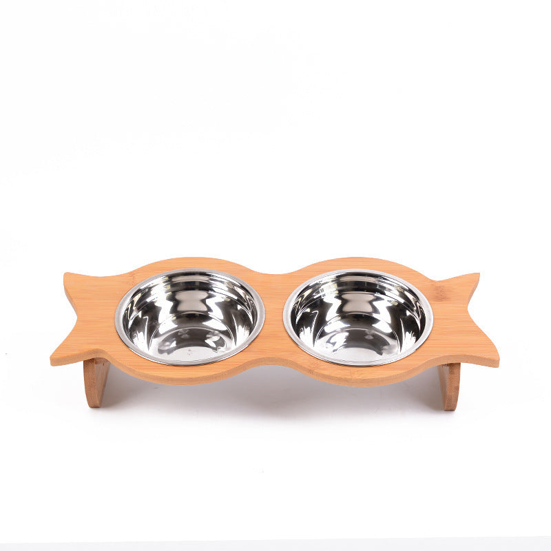HKM-341139 Bamboo Cat Bowl with Porcelain and Stainless Steel Inserts - Eco-Friendly Design