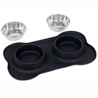 HKM-339987 Silicone Bone-Shaped Pet Mat with Stainless Steel Bowl for Dogs and Cats