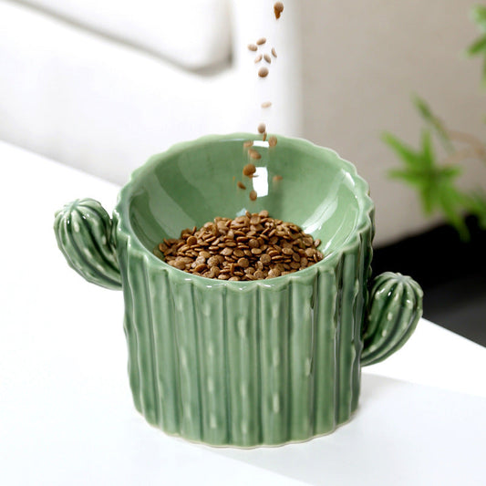 HKM-863123 Ceramic High-Leg Cat and Dog Bowls in Cactus Designs - Available in Single and Double Branch Options