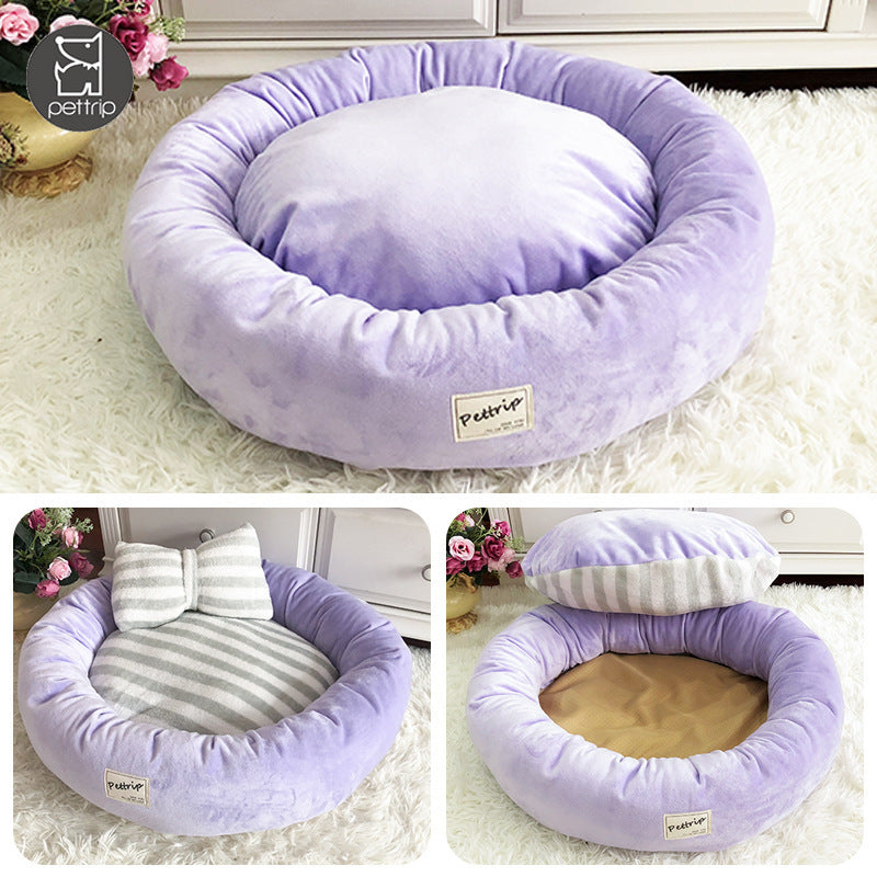 HKM-725139 Crystal Velvet Round Pet Kennel with Included Pillow - Available in Blue, Pink, and Purple, Sizes S, M, L