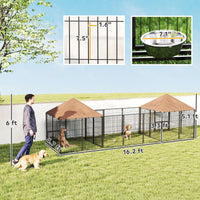 HKM-269011 Large Outdoor Dog Kennel with Two Private Rooms and Adjustable Height Bowls, Waterproof Canopy, Suitable for Dogs Up to 66 lbs