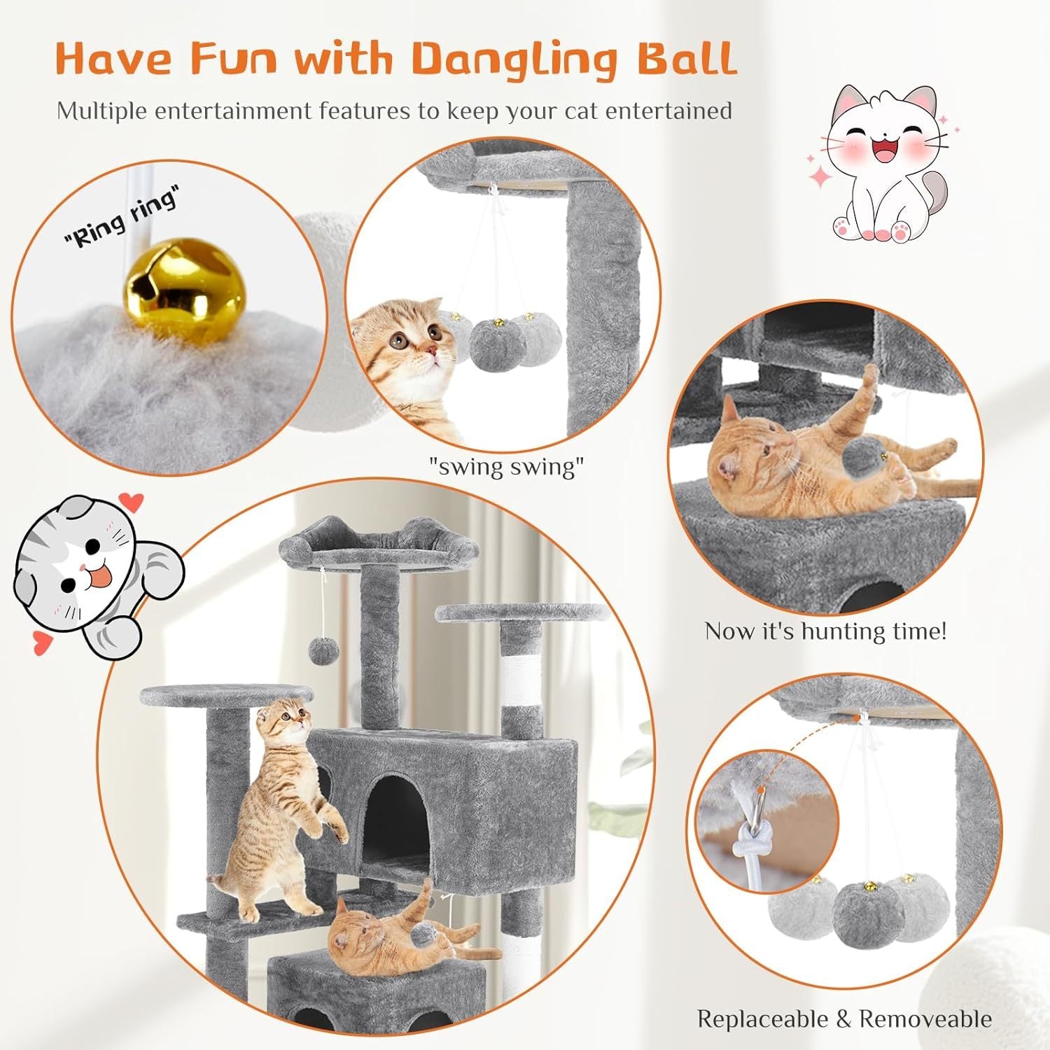 HKM-398931 Multi-Level Cat Tree with Sisal Posts, Plush Toys, and Cozy Rest Areas for Indoor Cats