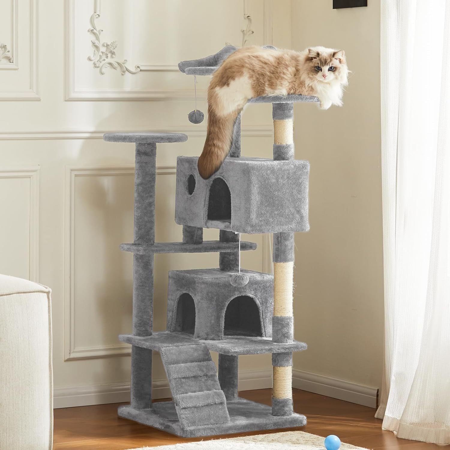 HKM-398931 Multi-Level Cat Tree with Sisal Posts, Plush Toys, and Cozy Rest Areas for Indoor Cats