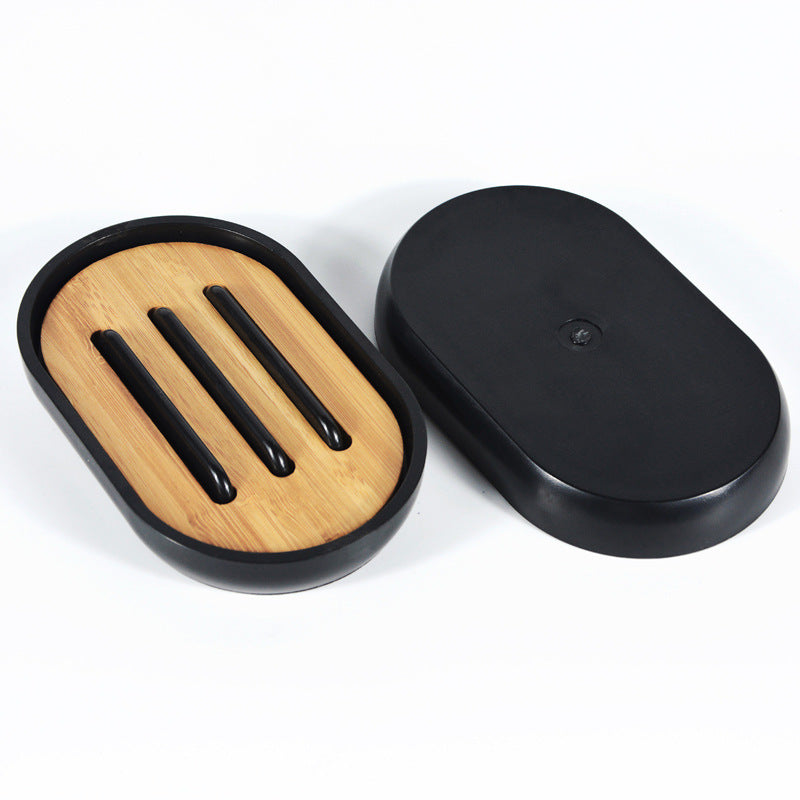HKM-948819 Single Layer Modern Bathroom Soap Box - Nan Bamboo + ABS, Non-Perforated Drain Shelf, Available in Black and White