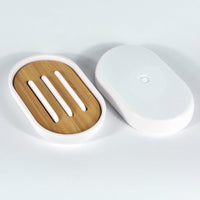 HKM-948819 Single Layer Modern Bathroom Soap Box - Nan Bamboo + ABS, Non-Perforated Drain Shelf, Available in Black and White
