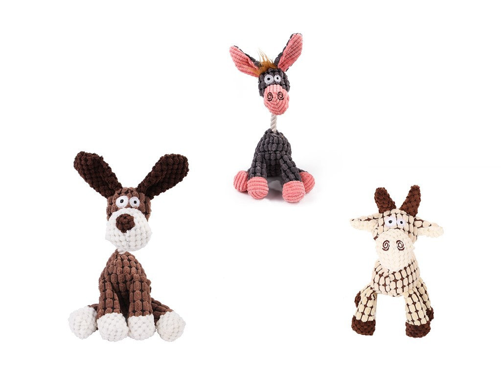 HKM-531027 Corduroy Donkey Shape Plush Chew Toy with Squeaker for Dogs and Puppies
