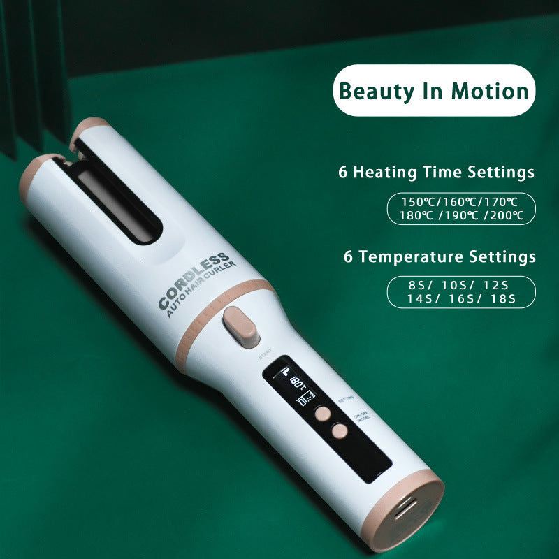 HKM-536083 Metal Automatic Curling Iron - Environmentally Friendly Alloy, Wet & Dry Use, 1-2 Min Styling Time, 5200 mA Battery, White, Pink, Green