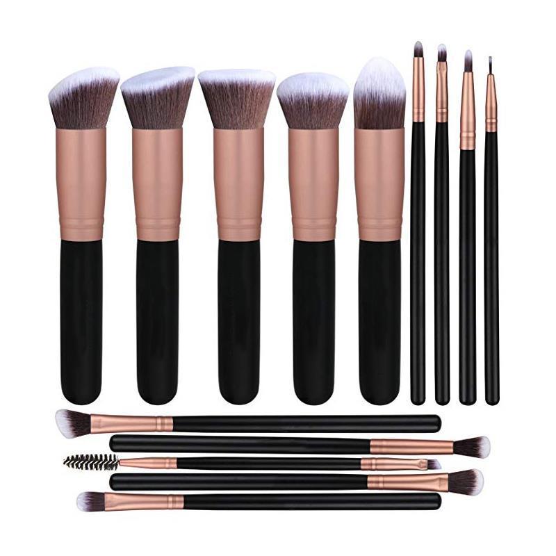 HKM-706259 14-Piece Makeup Brush Set with Wooden Handles and PU Brush Type - Includes Foundation and Eyeshadow Brushes, Portable Black Leather Bag