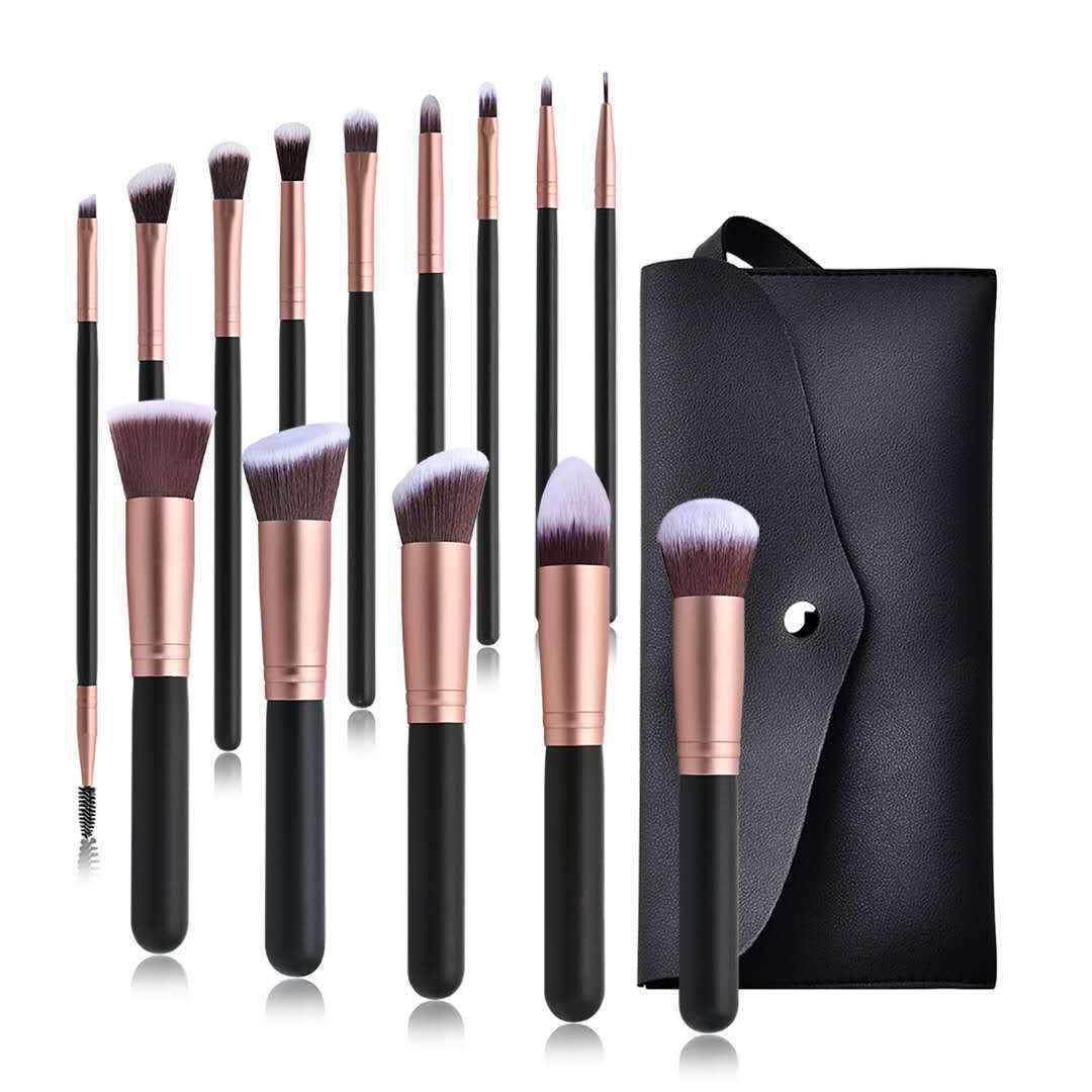 HKM-706259 14-Piece Makeup Brush Set with Wooden Handles and PU Brush Type - Includes Foundation and Eyeshadow Brushes, Portable Black Leather Bag