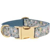 HKM-382675 Blue Floral Polyester Cotton Dog Collar and Leash Set with Accessories for Pets