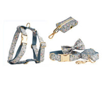 HKM-382675 Blue Floral Polyester Cotton Dog Collar and Leash Set with Accessories for Pets