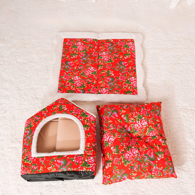 HKM-121811 Cozy Chinese Style Cat Nest for All Seasons - Spacious and Warm Closed Cat House