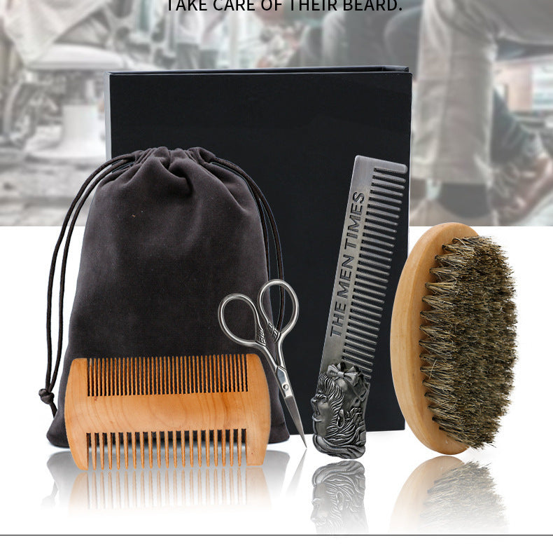 HKM-199763 Beard Care Brush Set with Stainless Steel Combs and Scissors