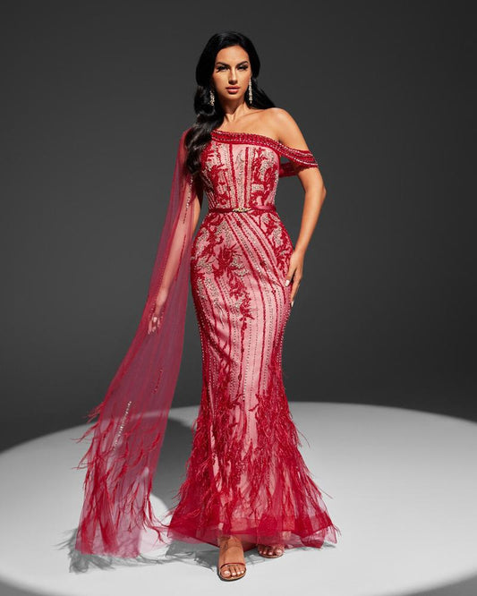 HKM-742803 Red Evening Gown with Elegant Design for Women, Model EZ25072