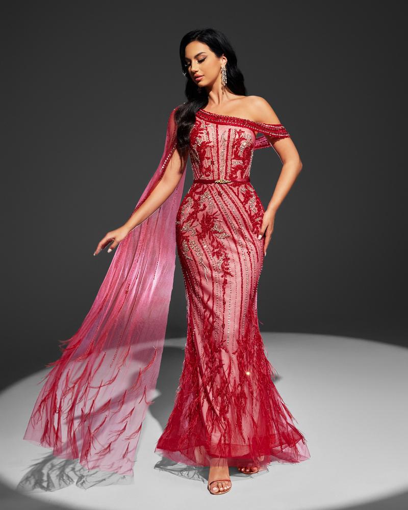 HKM-742803 Red Evening Gown with Elegant Design for Women, Model EZ25072