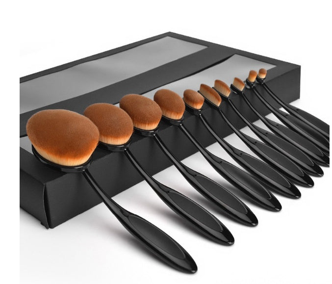 HKM-986707 10-Piece Soft Nylon Wool Makeup Brush Set with Genuine Leather Bag