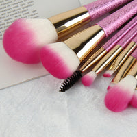 HKM-336595 10-Piece 3D Pink Makeup Brush Set with Galvanized Plastic Handles and Artificial Fibers, 17.5cm Size