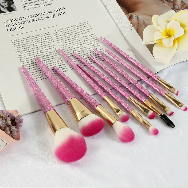 HKM-336595 10-Piece 3D Pink Makeup Brush Set with Galvanized Plastic Handles and Artificial Fibers, 17.5cm Size
