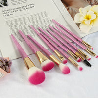 HKM-336595 10-Piece 3D Pink Makeup Brush Set with Galvanized Plastic Handles and Artificial Fibers, 17.5cm Size