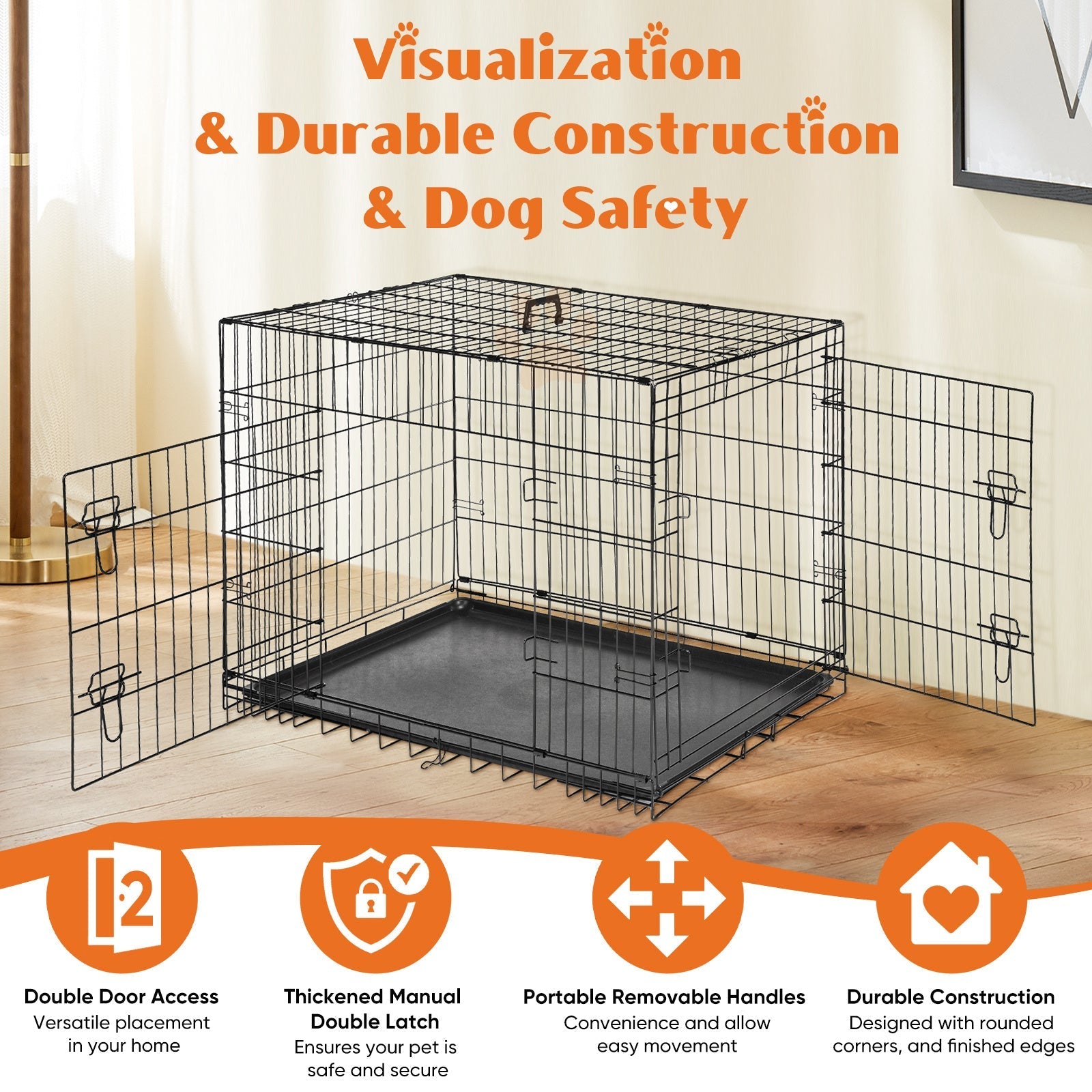 HKM-807955 Two-Door Dog Crate with Removable Plastic Tray, Multiple Sizes Available