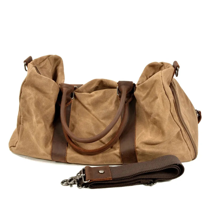 HKM-300883 Retro Style Men's Large Capacity Duffel Bag Made of Batik Canvas and Cowhide Leather