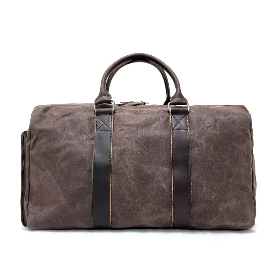 HKM-300883 Retro Style Men's Large Capacity Duffel Bag Made of Batik Canvas and Cowhide Leather