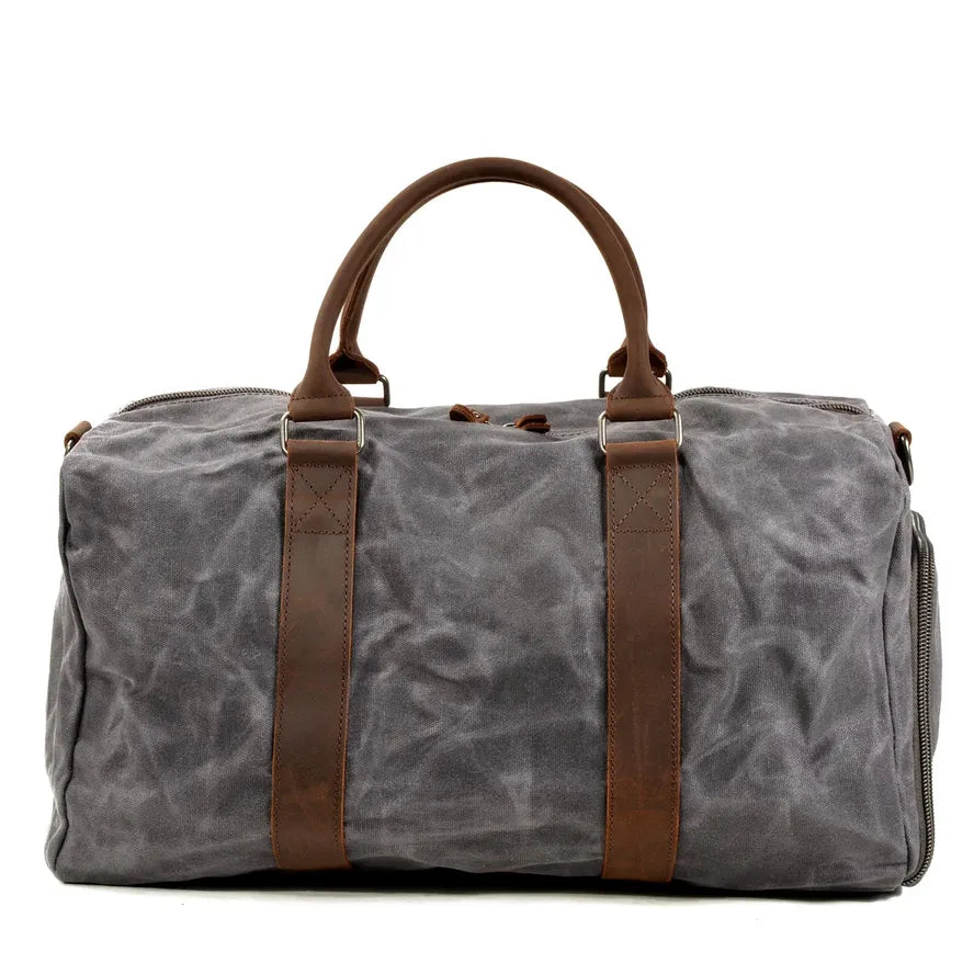 HKM-300883 Retro Style Men's Large Capacity Duffel Bag Made of Batik Canvas and Cowhide Leather