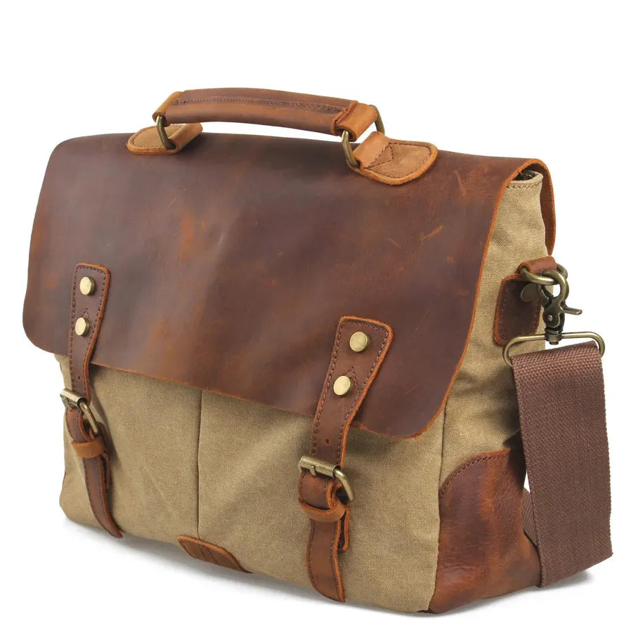 KTX-450707 Retro Canvas Cowhide Crossbody Messenger Bag for Business and Travel with Laptop Compartment